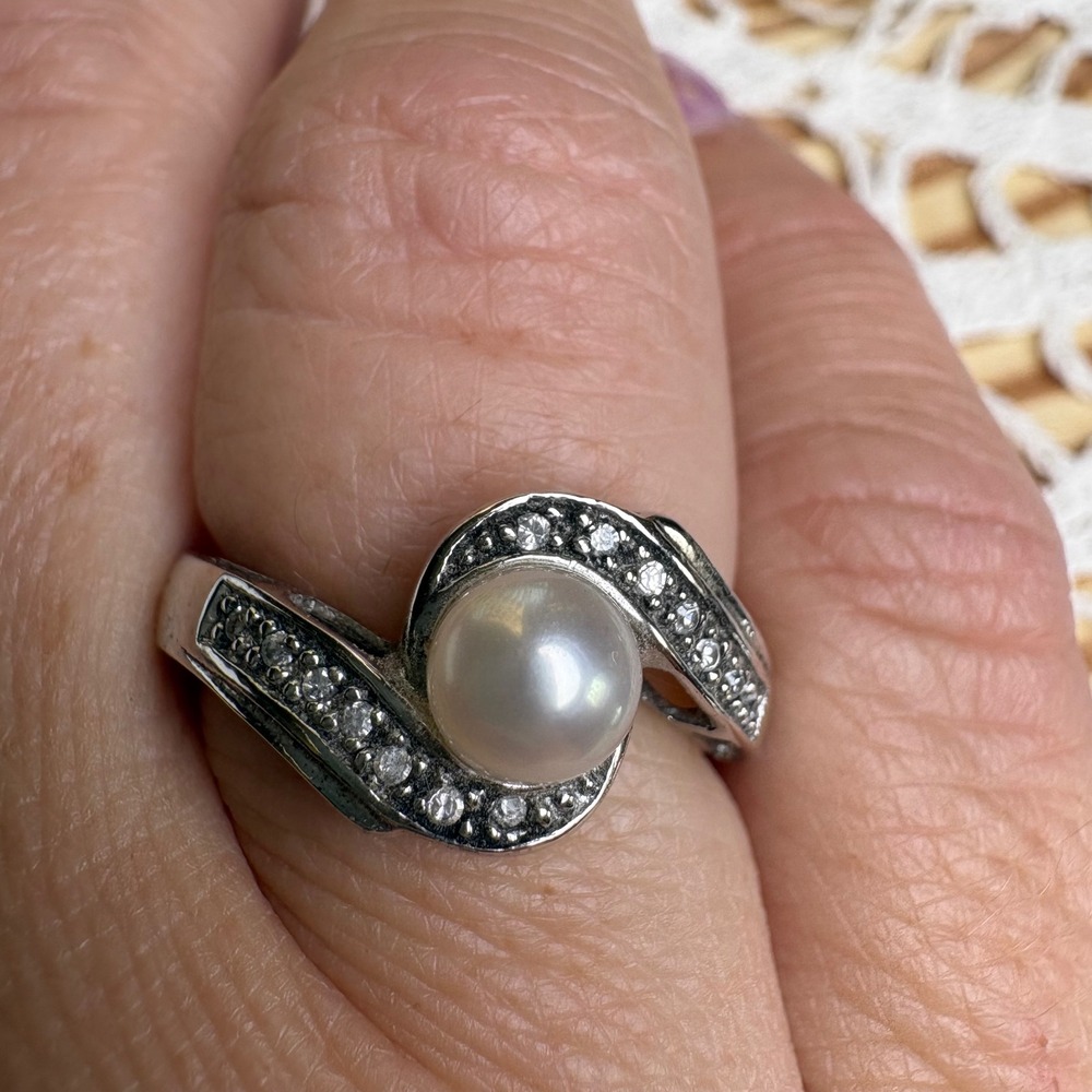 Vintage NV Women 7/7.25 Pearl CZ Spiral Ring Sterling Silver 925